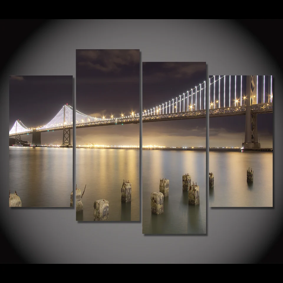 HD Печатный 4ps bay bridge по ночам Сан Франциско Картина декор комнаты печать плаката