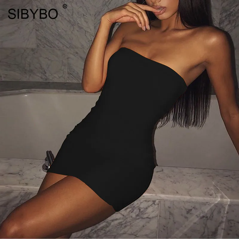 Черный Sibybo, без бретелек, с открытыми плечами, сексуальное мини-платье, без рукавов, облегающее, летнее, женское платье, однотонное, с открытой спиной, Клубные, вечерние, короткое - Цвет: Черный