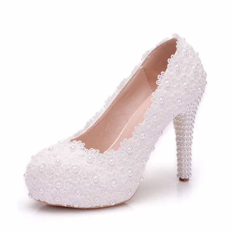 Dropshipping Pearls Crystal Flower Wedding Shoes Bride White Pearls Handmade Proms Dress Platforms Patty Pump Shoes XY-B0314