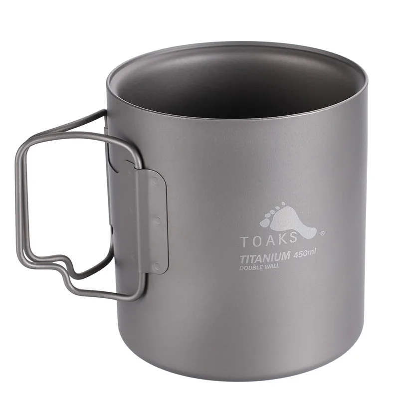 Gray TOAKS титановая чашка кофейная чайная кружка с двойными стенками Ультралегкая для походов на открытом воздухе посуда без крышки складная ручка 450 мл 2,1 унций - Цвет: Gray