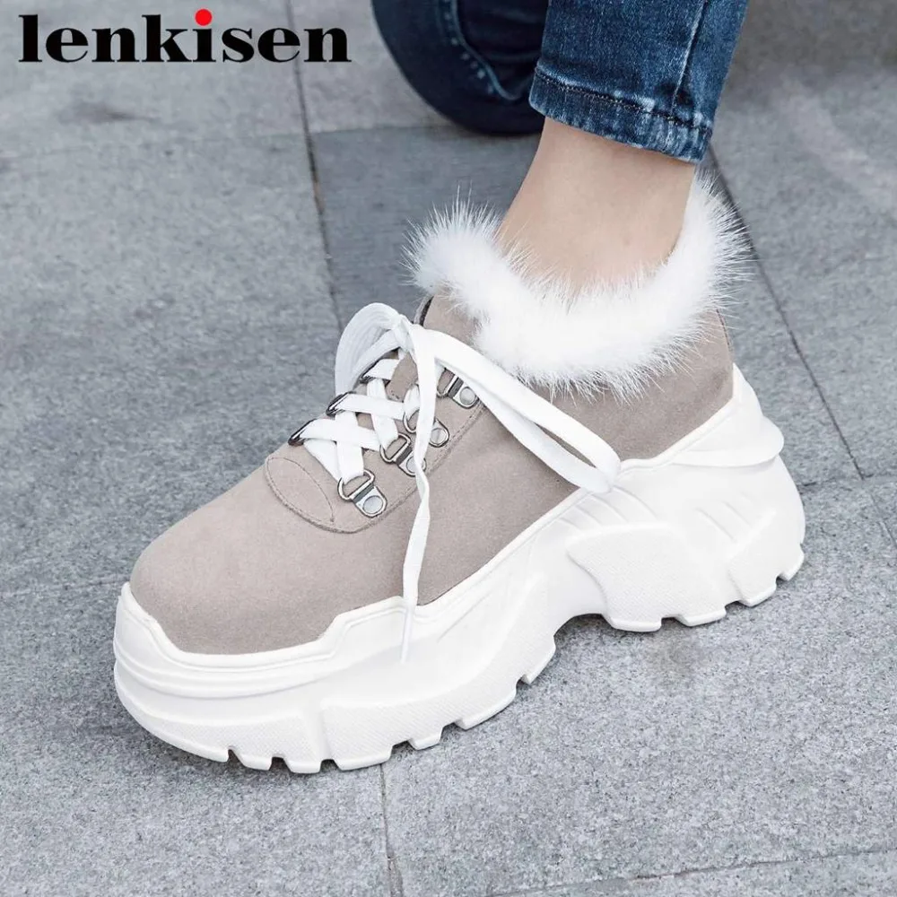 2019 коровья замша круглый носок Толстая Высокая платформа шнуровка норковый мех