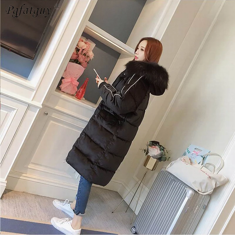 2018 зима большой меховой с капюшоном теплые пальто бежевый вниз хлопковой