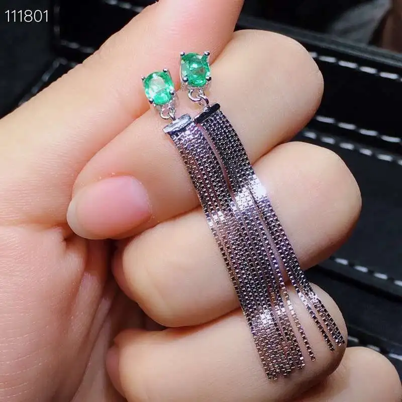 Модные длинные кисточки S925 серебро натуральный зеленый изумруд Висячие серьги с