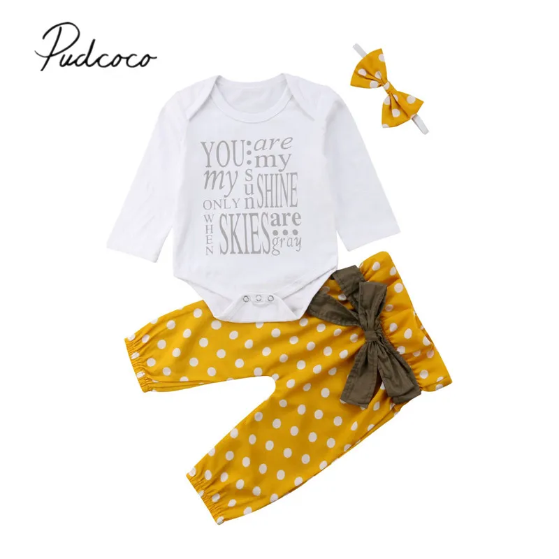 2018 Brand New Newborn Infant Baby Girls Boys Autumn Clothes Sets 3PCS Long Sleeve Letter White Romper+Dot Bow Pants+Headband | Детская