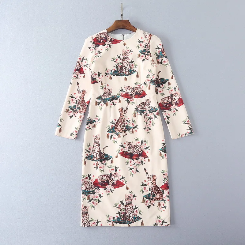 

Customize Plus Size Runway Dress Apricot Top Quality Long Sleeves O-Collar Cats Print Slim Dress Vestidos De Festa Women's Dress
