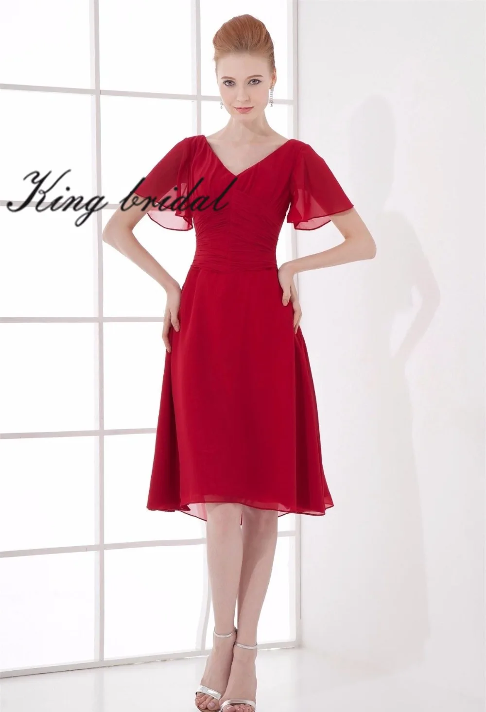 Красный Sexy V Шеи Шифон Короткие Рукава Линия Платья Выпускного Вечера 2017 Сборную
