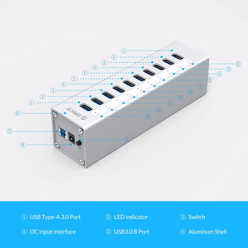 Концентратор ORICO A3H10 USB 3 0 высококачественный с адаптером питания алюминиевый