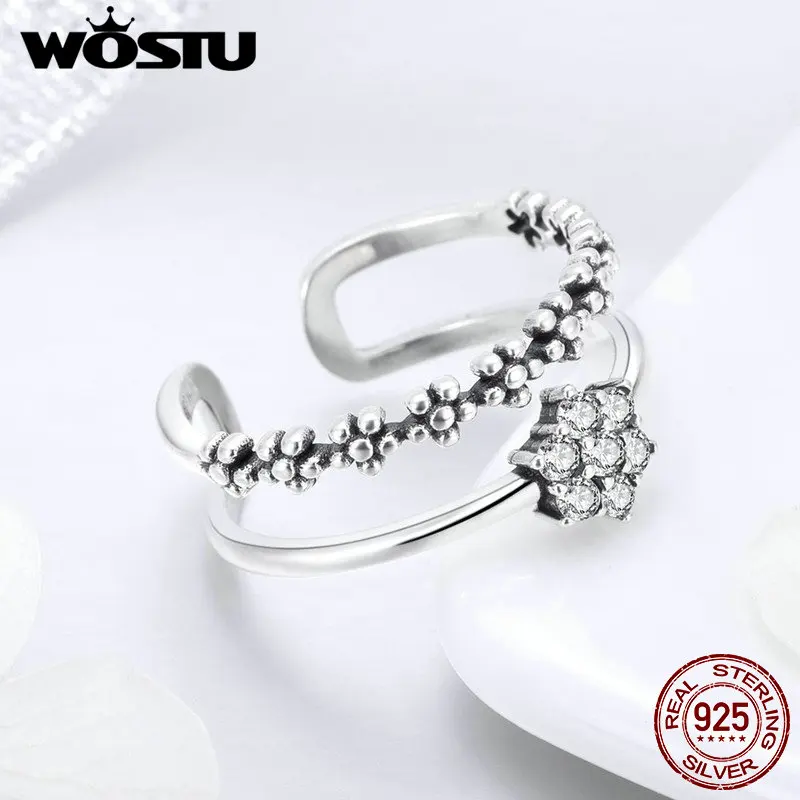 WOSTU Настоящее 925 пробы серебро Штабелируемый цветок открытые кольца на палец для