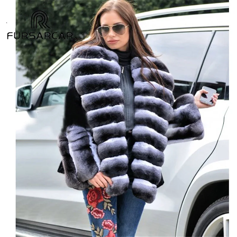 FURSARCAR Luxury Winter Rex Rabbit Fur Jacke For Women Fashion Natural Coat Warm Big Turndown Collar | Женская одежда