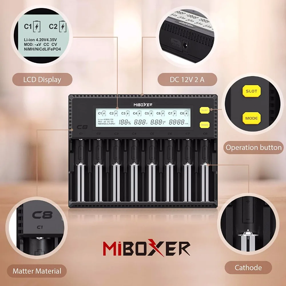 MiBOXER C4 C8 18650 зарядное устройство ЖК дисплей 1.5A для Li Ion LiFePO4 Ni MH Cd 21700 20700 26650 18350 17670