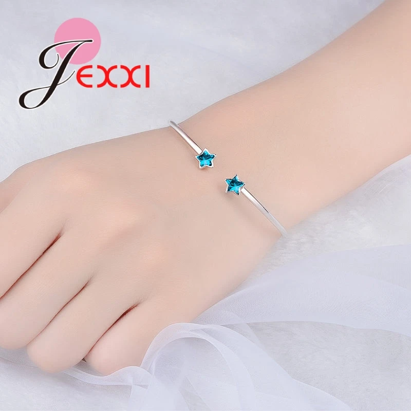 Cute High Quality Double Blue Stars CZ Crystal 925 Sterling Silver Opening Bangle For Woman Girls Vogue Engagement Gift | Украшения и