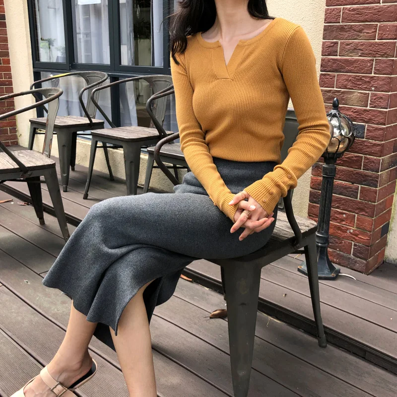 2018 осень-зима тонкие свитера для женщин в Корейском стиле с треугольным вырезом
