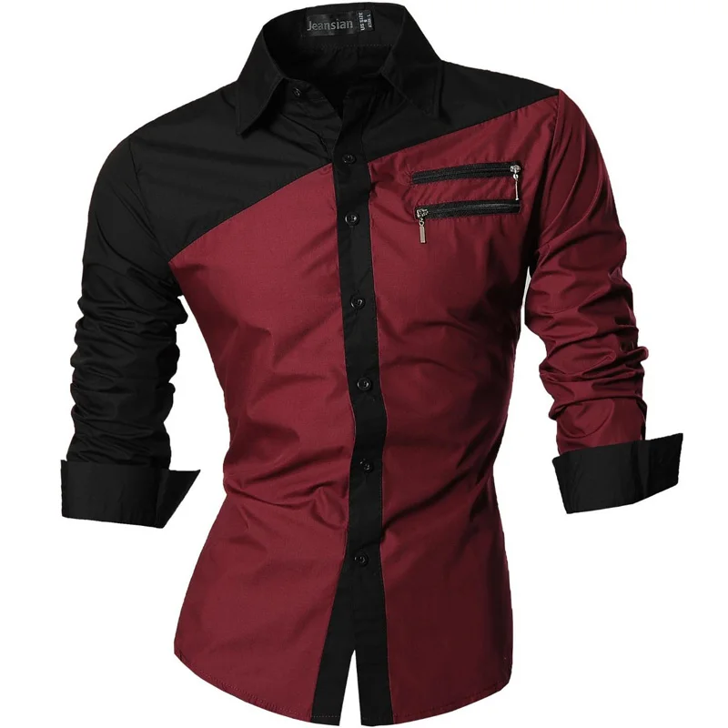 

Jeansian Men's Casual Dress Shirts Fashion Desinger Stylish Long Sleeve Slim Fit Z015 WineRed