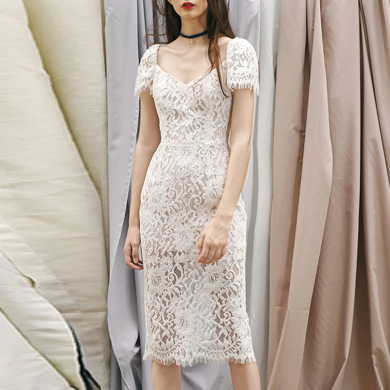 Женское кружевное платье-миди Max Spri Белое Облегающее вечернее платье с короткими