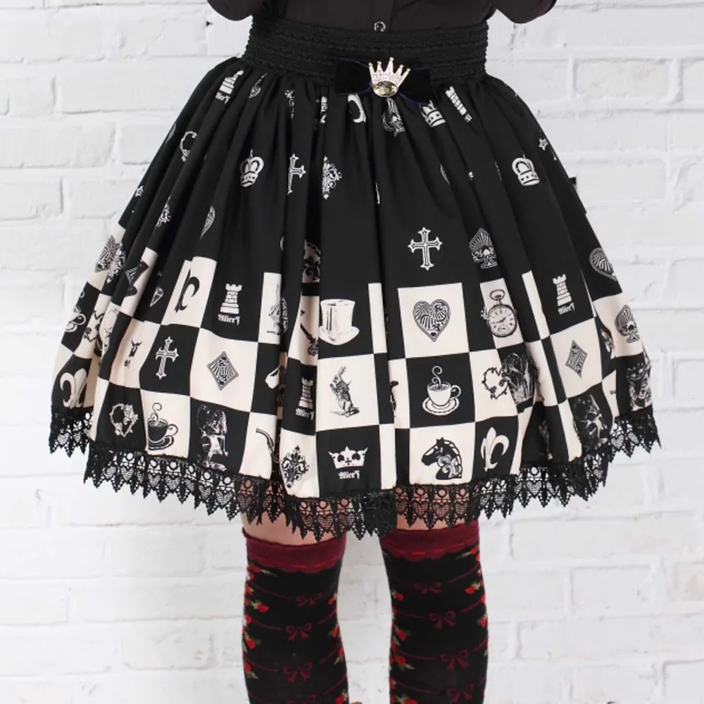 

Gothic Black Polyester Alice Lolita Skirt Checker plaid Printed Lace trim elastic for summer