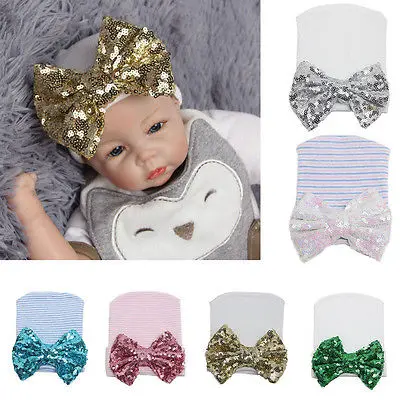 Hot Fashion Baby Hats 2017 Newborn Boy Girls Infant Stripe Sequined Bowknot Hat Beanie Knit Cotton Blend Cap | Детская одежда и