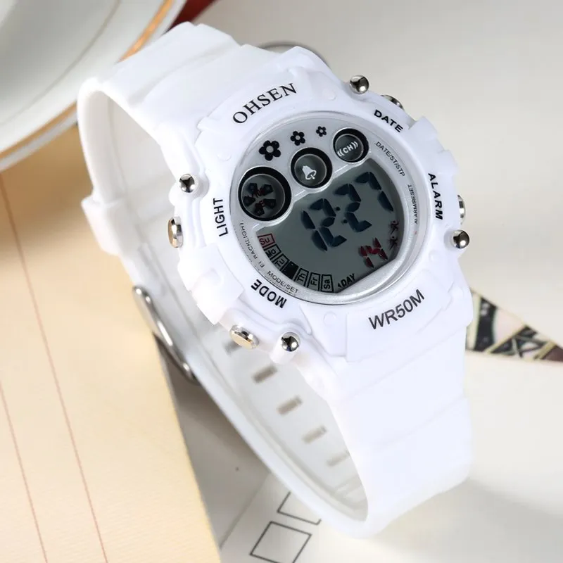OHSEN, женские спортивные часы, пластиковый ремешок, 50 м, Diver, светодиодный, цифровые наручные часы, желеобразный цвет, водонепроницаемые часы для женщин