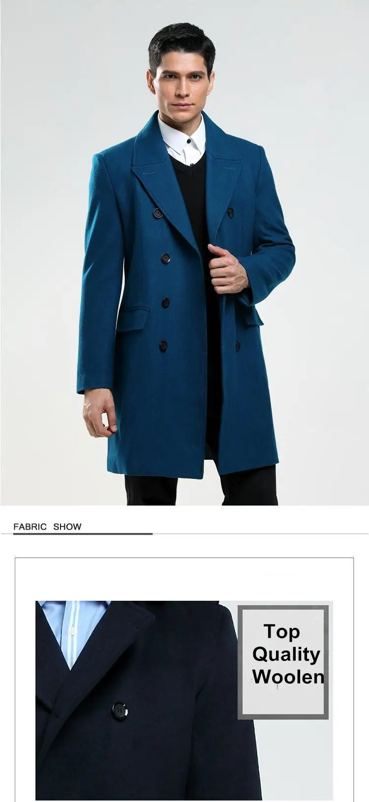 AIMENWANT, на заказ, Мужская Британская мода, S-6XL шерстяное пальто, русский человек, двубортный, Голубое озеро, Тренч,, ткань