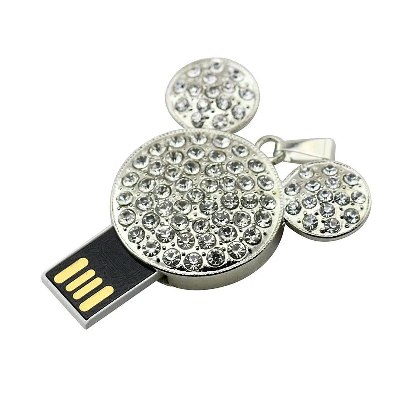 Серебристый 64 Гб металлическая Флешка с Микки Маусом 32 Гб USB флеш-накопитель 16 ГБ 8 ГБ флеш-накопитель Кристальное Ожерелье Подвеска Memorias USB Флешка флешка - Цвет: Серебристый