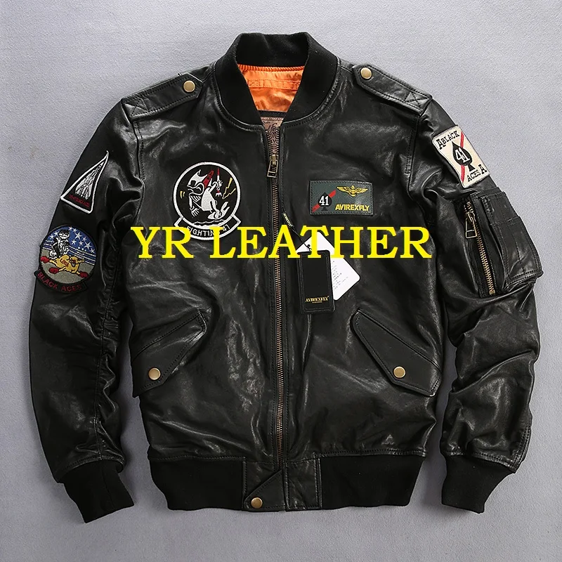 

YR!Free shipping.tanning goatskin.Brand classic A1 leather bomber jacket,mens flight genuine leather coat,plus size