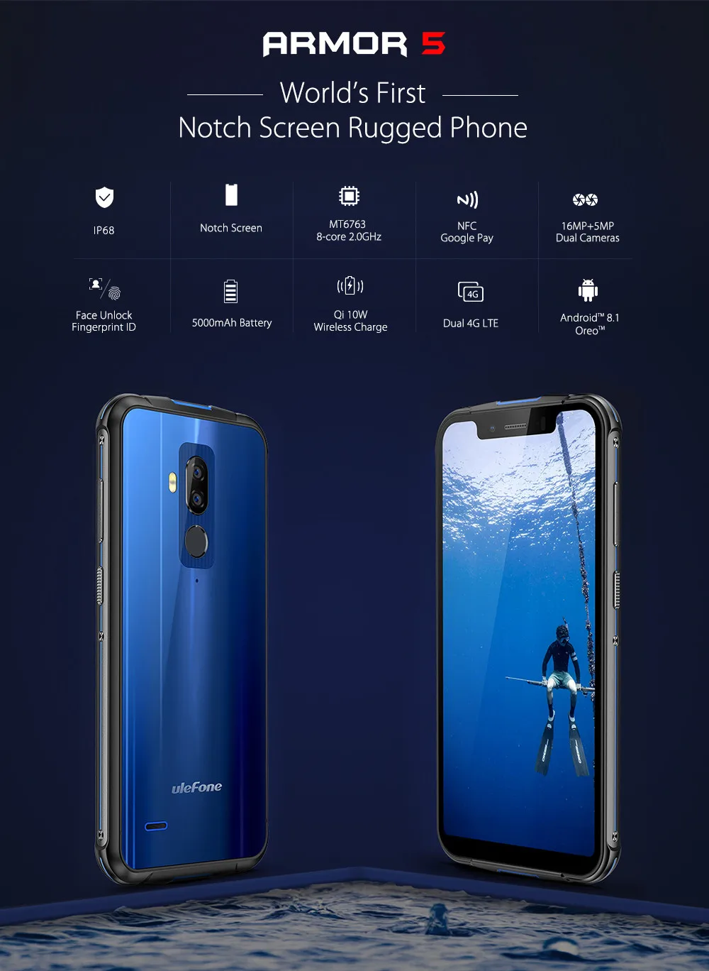 Ulefone Броня 5 Водонепроницаемый IP68 NFC 85 &quotHD Мобильный телефон MT6763 Otca core Android 8 1 4 ГБ +
