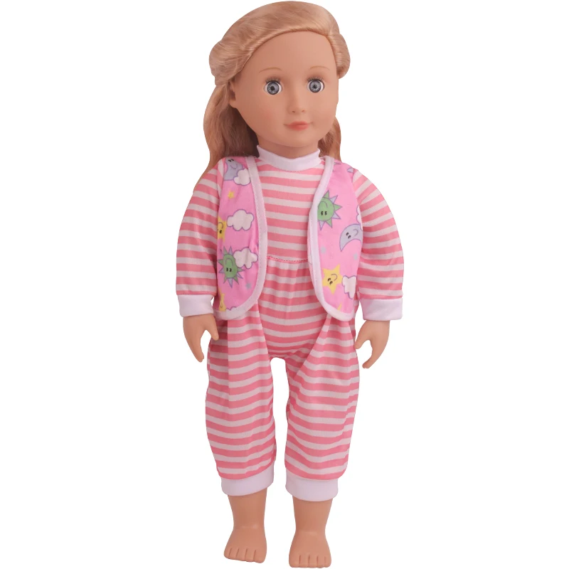 

18 Inch American Doll Girls Clothes Pink Print Striped Jumpsuit + Hat Newborn Baby Toys Accessories Fit 40-43 Cm Boy Doc799