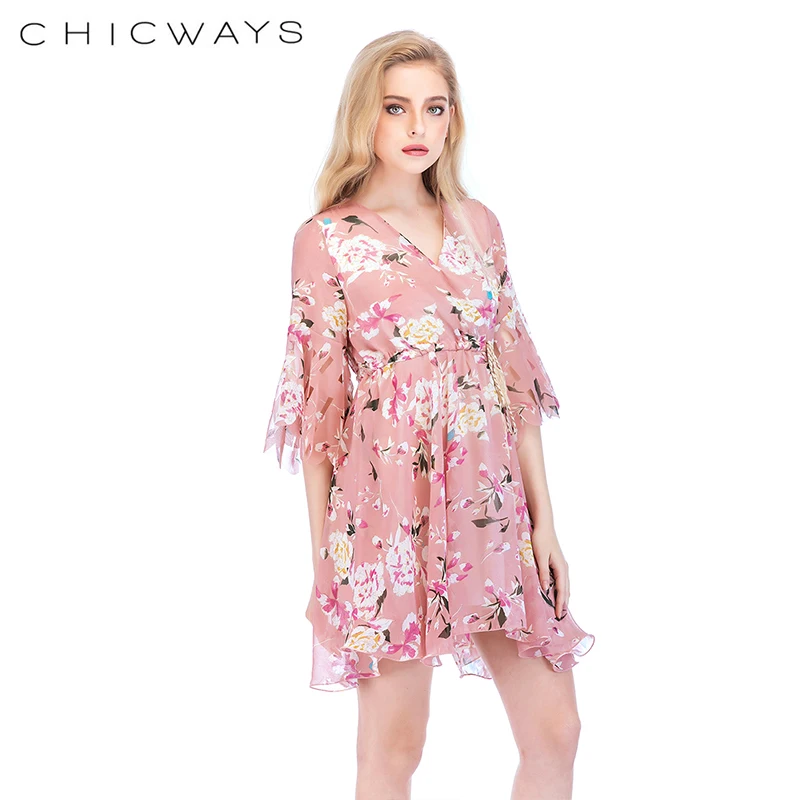 Chicways рюшами Лук цветочным принтом мини платье Для женщин v шеи галстук до летнее