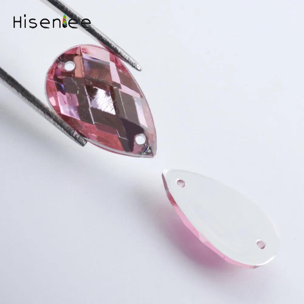 Hisenlee, 100 шт, 8x13 мм, Пришивные прозрачные AB кристаллы, каплевидные, 2 отверстия, плоская задняя сторона, акриловые Стразы для шитья, стразы для украшения своими руками - Цвет: light pink