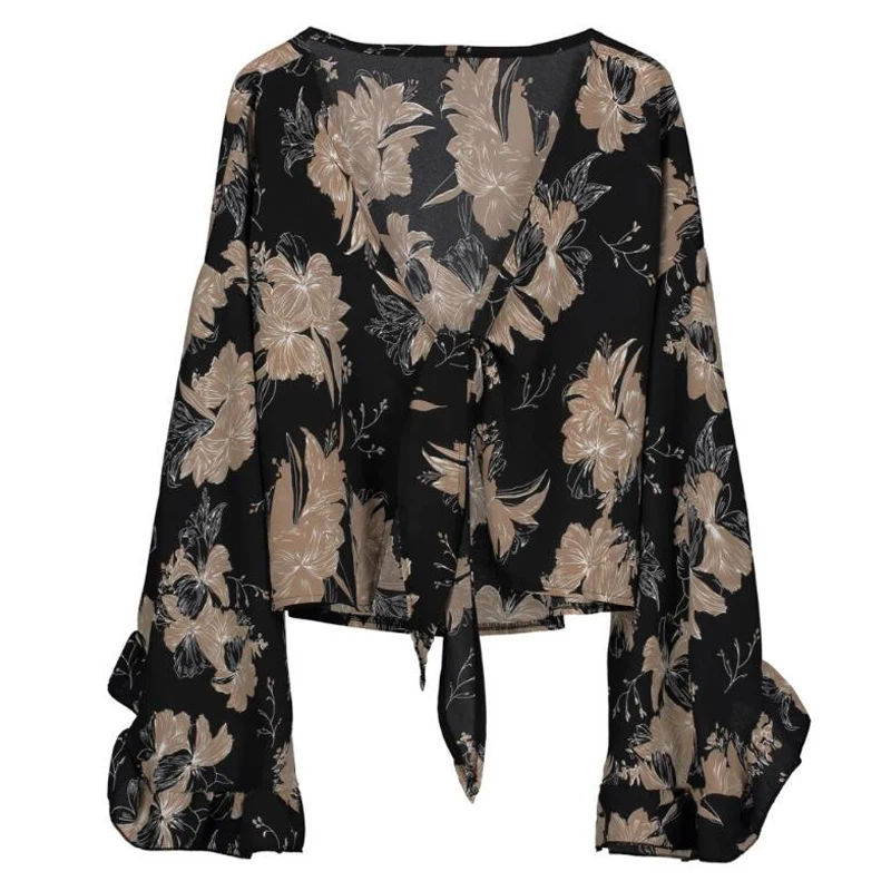 

2020 Bohe Floral Print Flare Sleeve Chiffon Blouse Shirts Women Summer V Neck Bow Lace Up Blusas Feminina Plus Size Tops Okb786