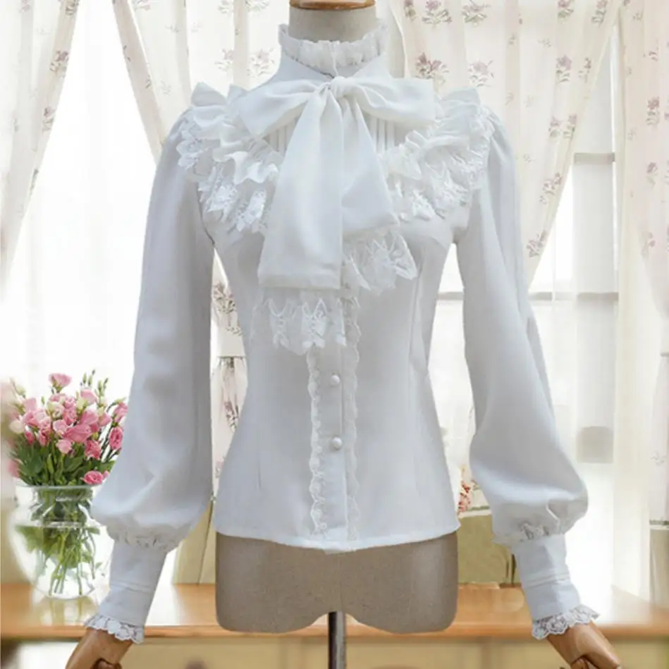 

Spring autumn Vintage Women stand collar Shirt lantern sleeve lace bow Chiffon Ruffle Blouse Long Sleeve