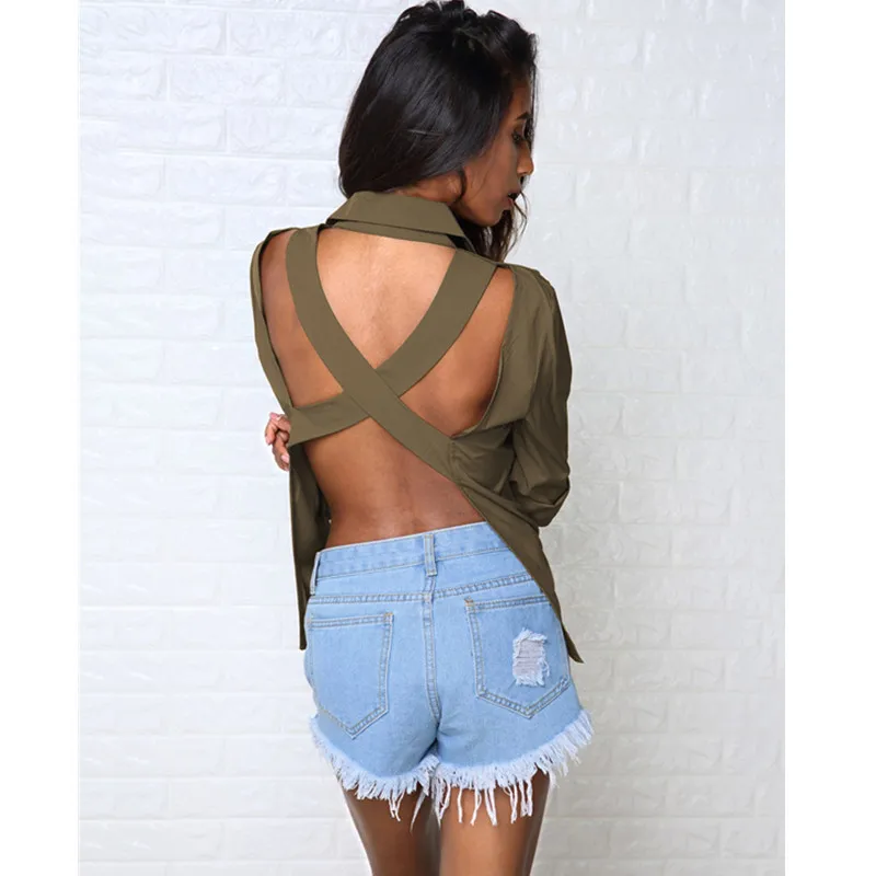 

Women Crisscross Open Back Blouse Shirts Tops Sexy Backless Long Sleeve Turn-down Collar Autumn Shirt White Grey Solid Shirts