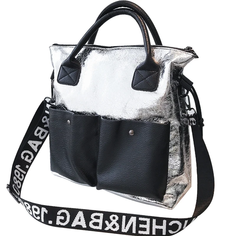 

Women Bag Large Capacity Ladies Tote Bags 2021 New Luxury Designer Gold Evening Shoulder Bag Party Shiny Leather Handbag Silver