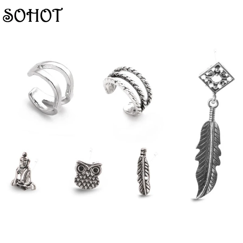SOHOT, 6 шт., винтажные сережки-гвоздики серебряного цвета, наборы, Сова, перо, Будда, бохо, ювелирные изделия для женщин, Brincos Bijoux