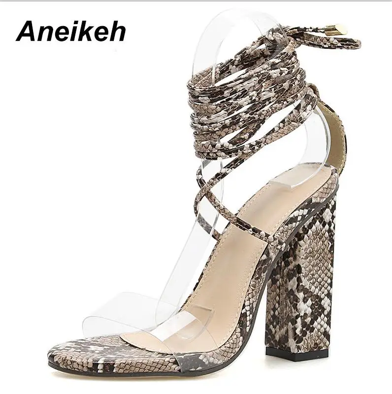 Aneikeh/; Модные женские Босоножки на каблуке; туфли-лодочки с ремешком на щиколотке с леопардовым принтом; женские туфли для вечеринок на очень высоком квадратном каблуке 11 см - Цвет: serpentine