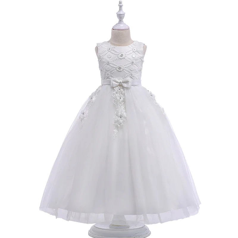 

New Girls Dress Kids Sleeveless Lace Applique Bodice Long Tulle Wedding Party Dress Kids Evening Clothing