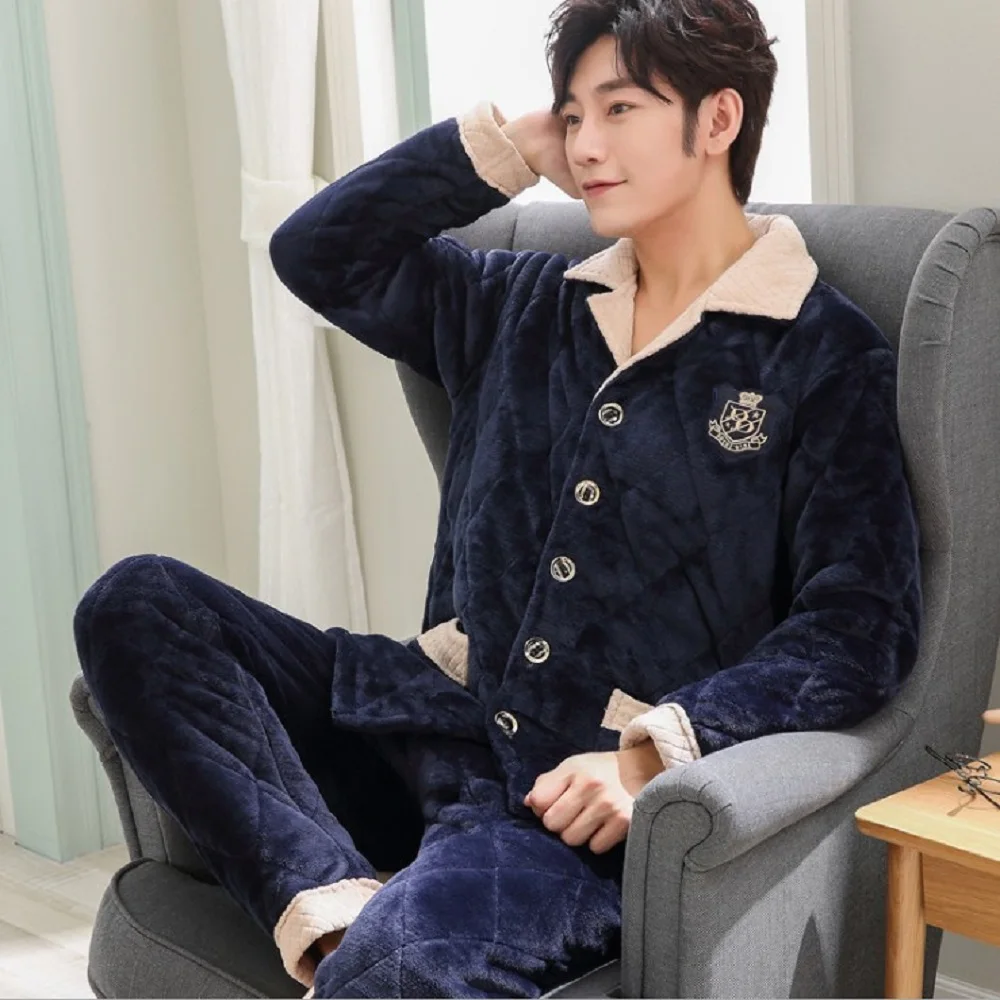 Flannel Pajamas Sets 2019 New Winter Men Long-sleeves Pockets Solid Color Thick Home Clothing Warm Pyjamas Suits 2020