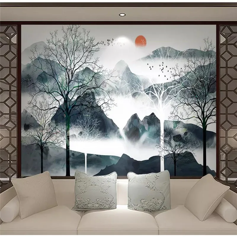 

Custom 3d wallpaper Chinese style ink landscape abstract woods small bird sofa living room wall quality material waterproof
