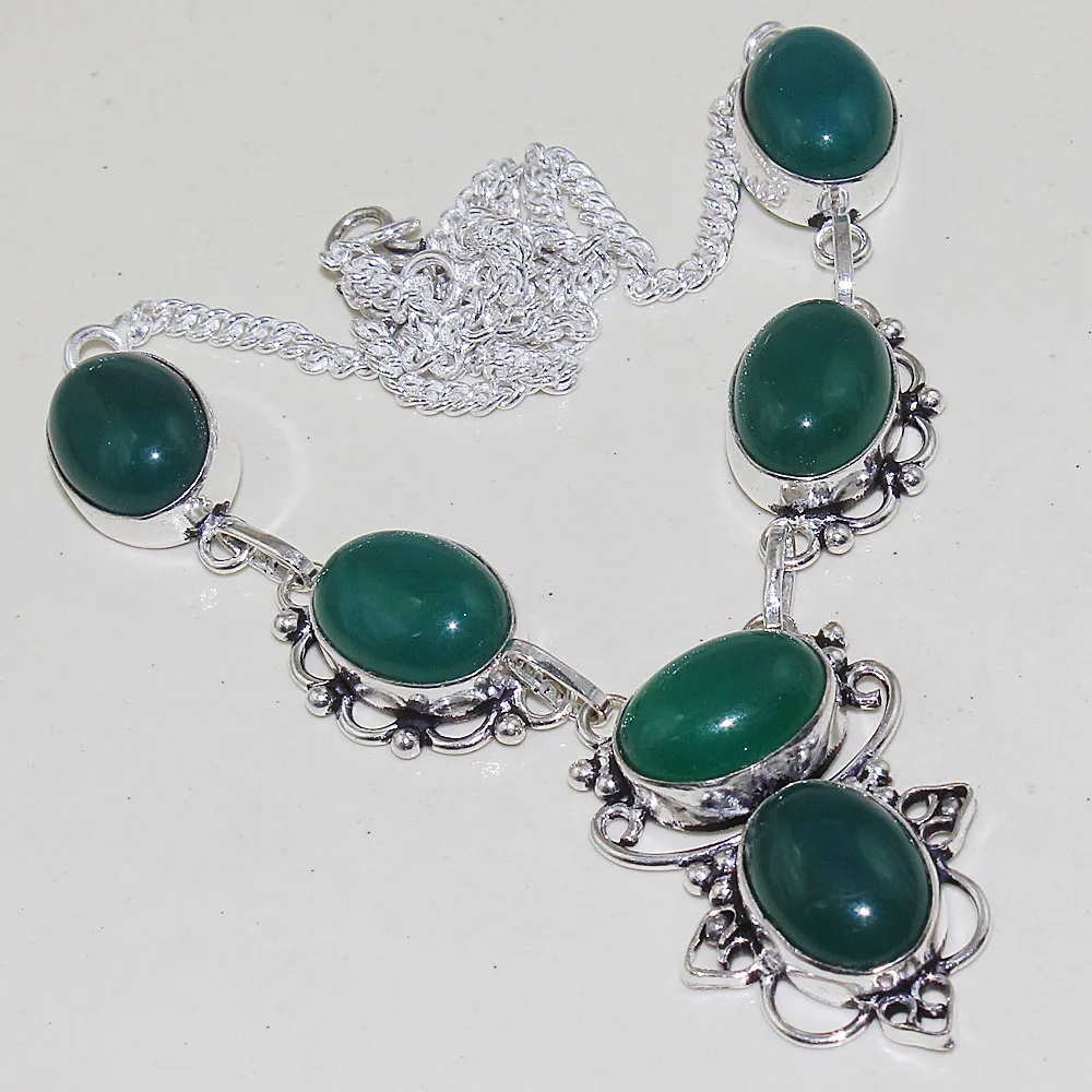 Зеленое ожерелье из оникса с серебряным наложением на медь 45 4 см N1.|necklace silver|onyx
