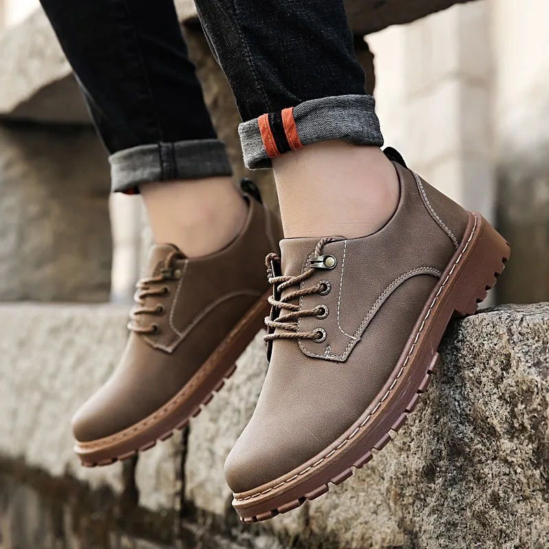 Autumn Winter Men Leather Shoes Botas Hombre Vintage Style Casual Fashion Low Top Lace-up Martin Bota Masculina | Обувь
