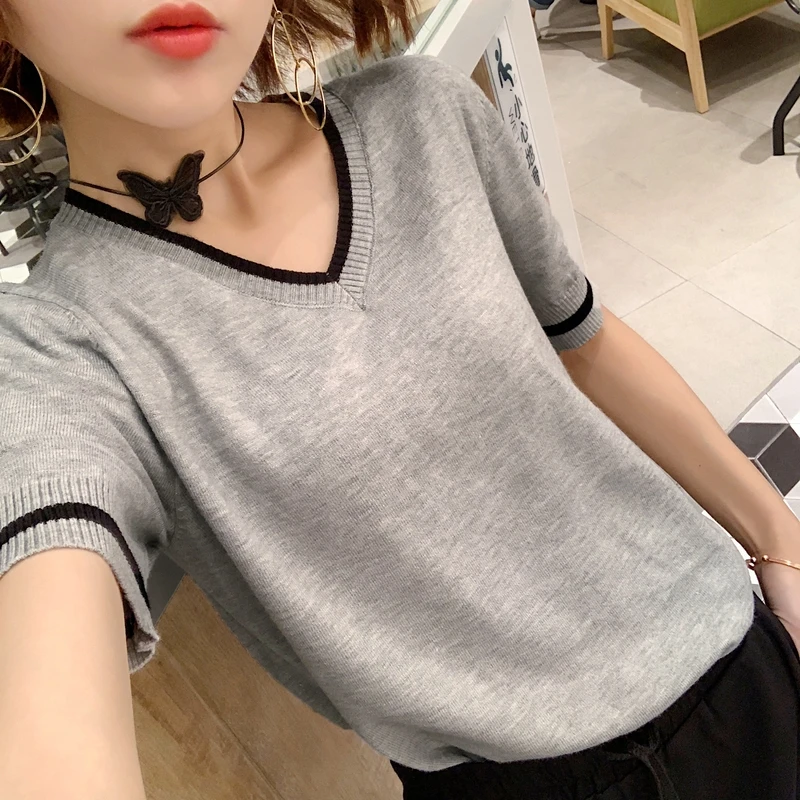 2022 spring and autumn new V-neck short-sleeved sweater women's head short solid color loose bottoming sweater