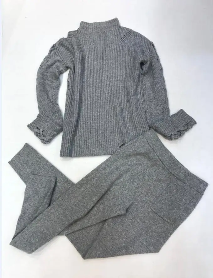 grey Зимний шерстяной+ кашемировый вязаный теплый Костюм Бархатный свитер с вырезом холлор+ кашемировые брюки из норки костюм для отдыха из двух предметов wj2813 - Цвет: grey