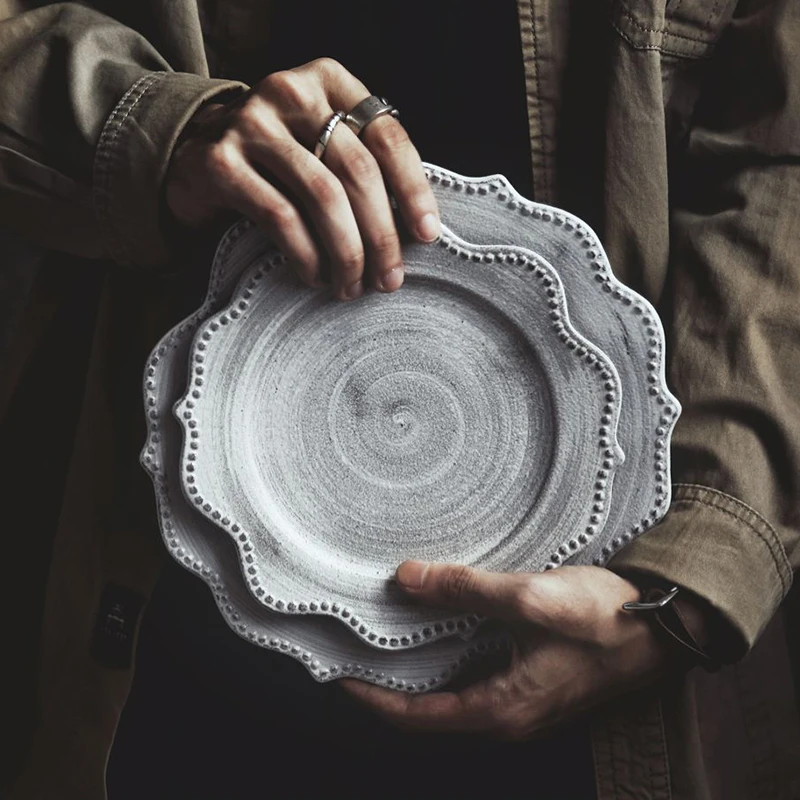 Японские керамические блюда фарфоровая тарелка серая винтажная для стейка