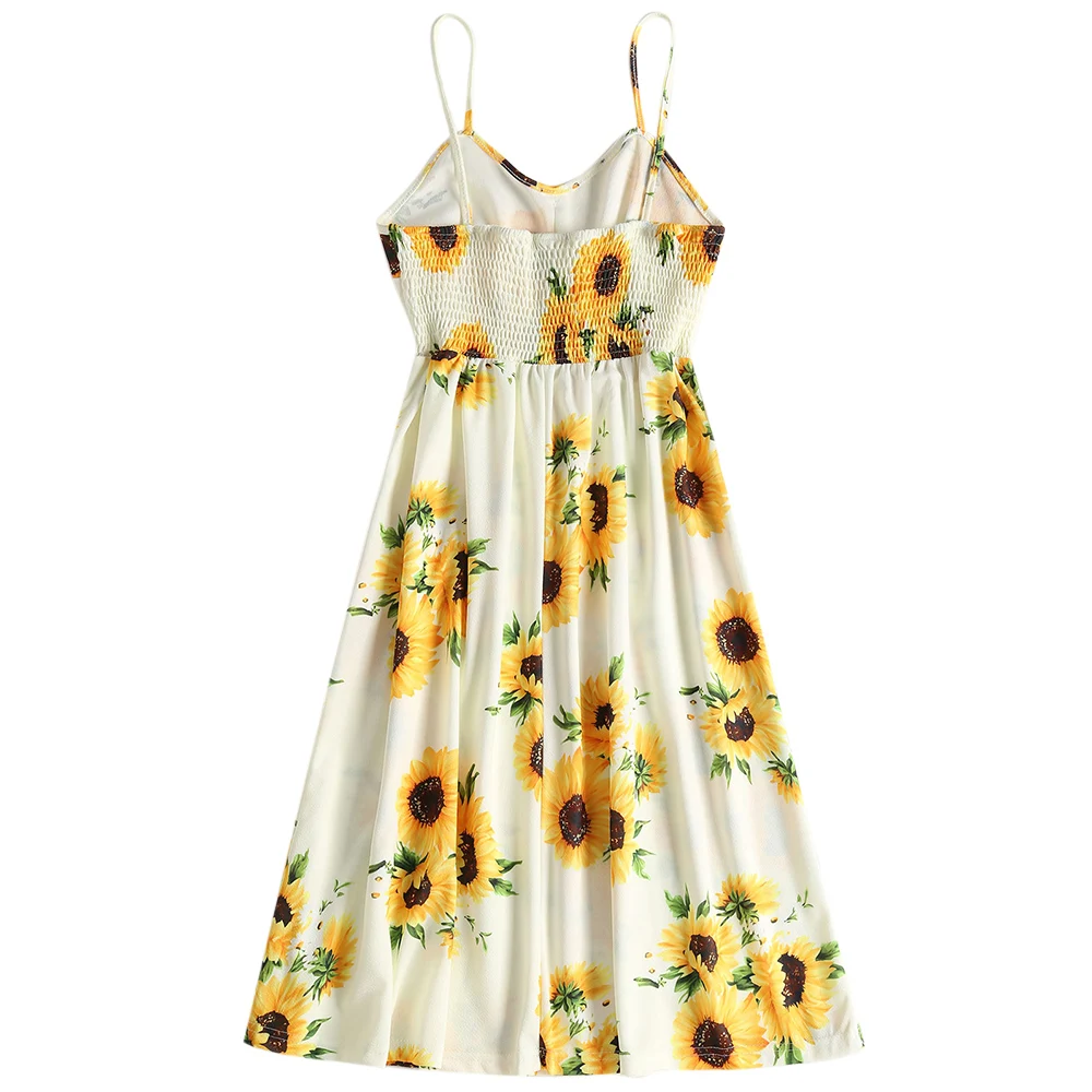 ZAFUL Платье льяное с Подсолнухами миди принтом Спагетти Ремешок Кнопки без