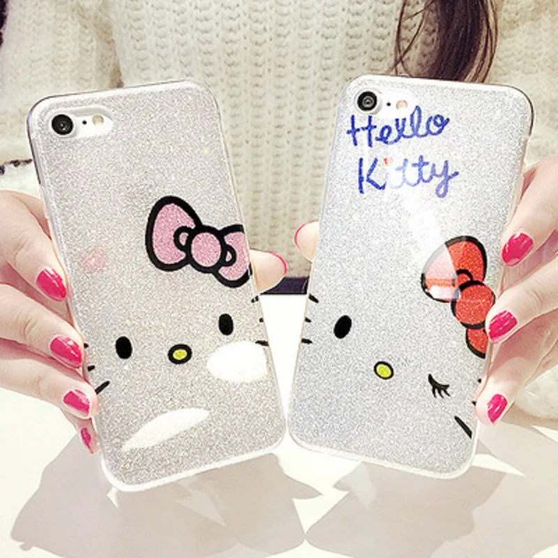 Draw Original Cute Hello Kitty Bling Glitter edge Soft Phone Case for iPhone 7 6s Plus Shine Back Cover iphone 8 X | Мобильные