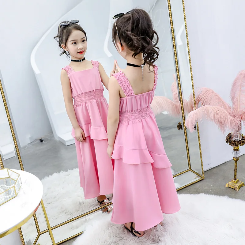yellow chiffon ruffle backless long-dress age for 4 - 14 yrs teenage girls evening party gowns 2019 new summer sleeveless frocks | Детская