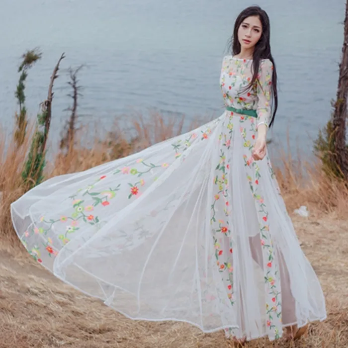 Новый белый three квартал рукава о-образным вырезом вышивка кружева длинные dress