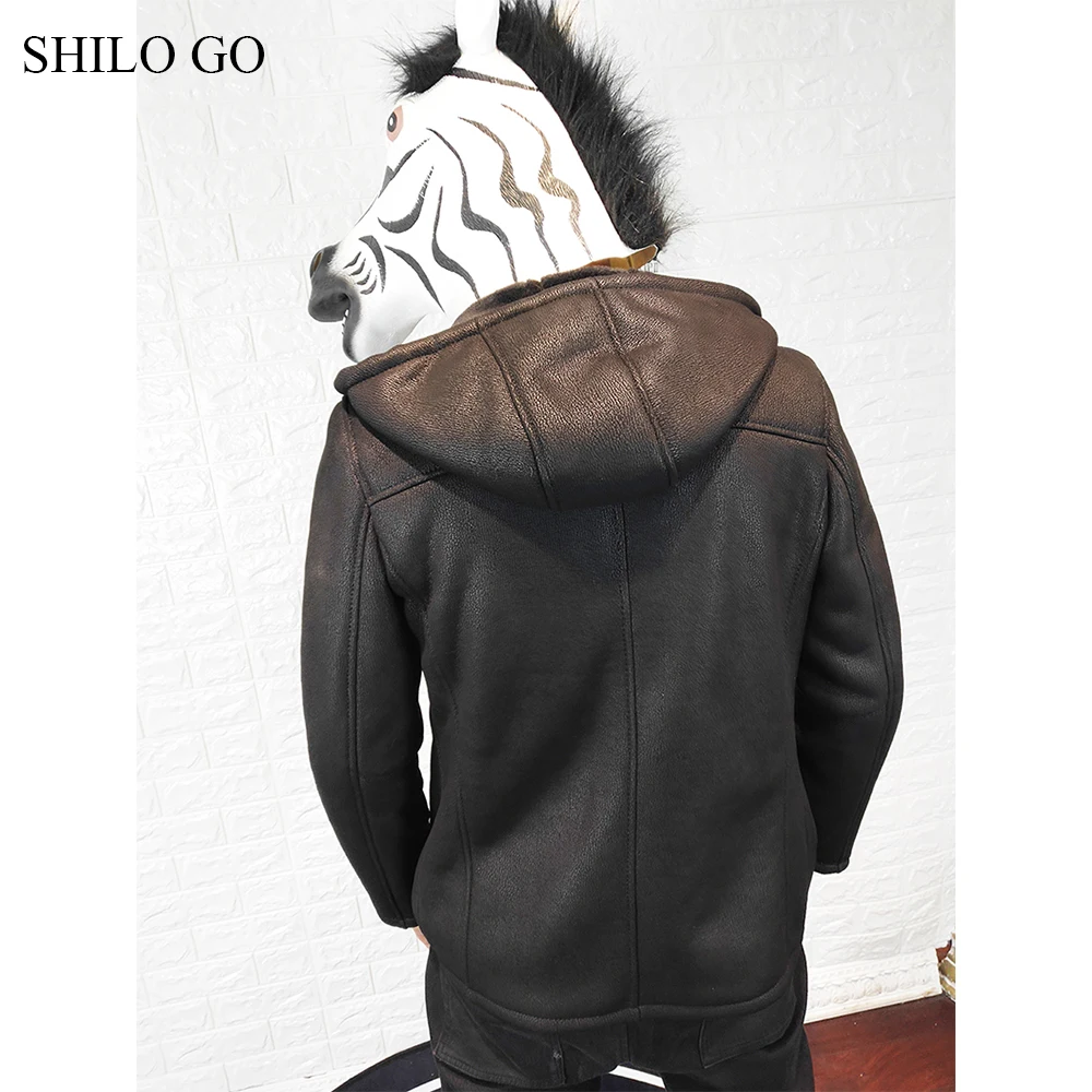 SHILO GO Leather Jacket mens Winter Fashion sheepskin genuine leather coat hooded Casual loose zipper warm | Мужская одежда