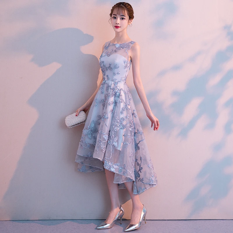 Серебряный Высокие Низкие платья для выпускного вечера 2019 новый без рукавов с