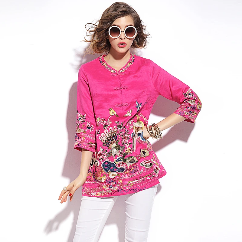 Женская хлопковая блузка с цветочной вышивкой Повседневная Свободная винтажная