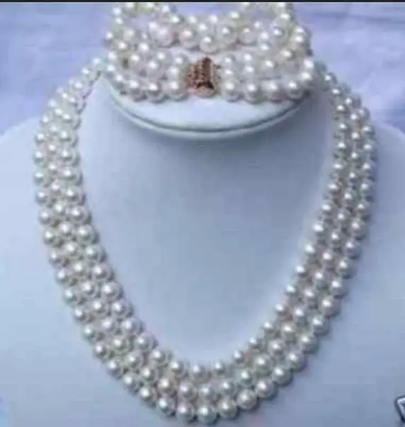

3strands AAA+8-9mm South Sea white Pearl Necklace Bracelet set 17"18"19''